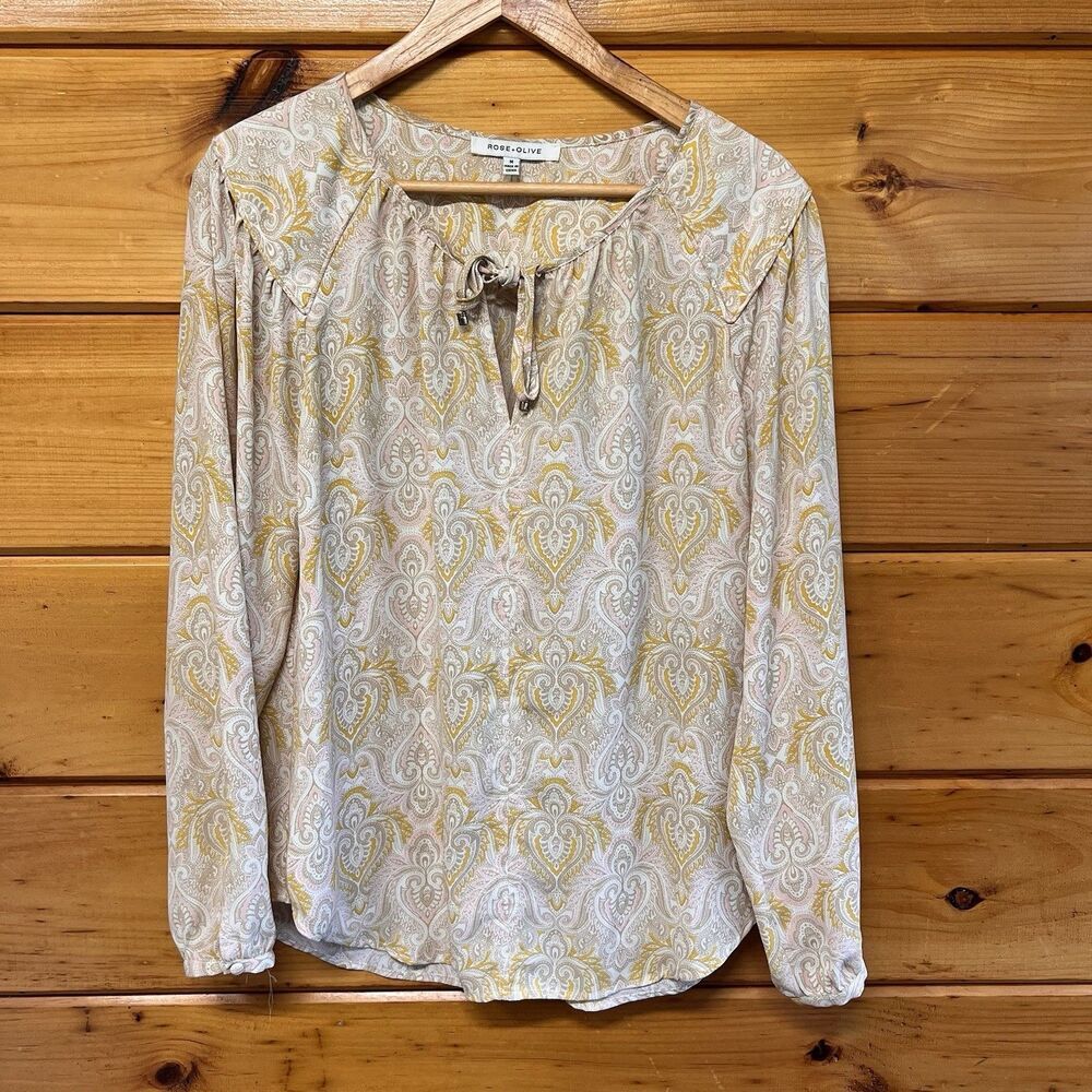 Rose + Olive Paisley Long Sleeve Tunic Blouse Women's Size M